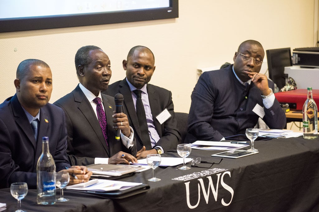 Picture shows the high level panel at the Launch of the University of West of Scotland CAREED unit : The Commercial Attache from the Ethiopian Embassy, His Excellency High Commissioner Nkwelle Ekaney of Cameroon, Beltus Etchu, CEO and Festus Olatunde, Executive Director Finance and Governance of African Forum Scotland 